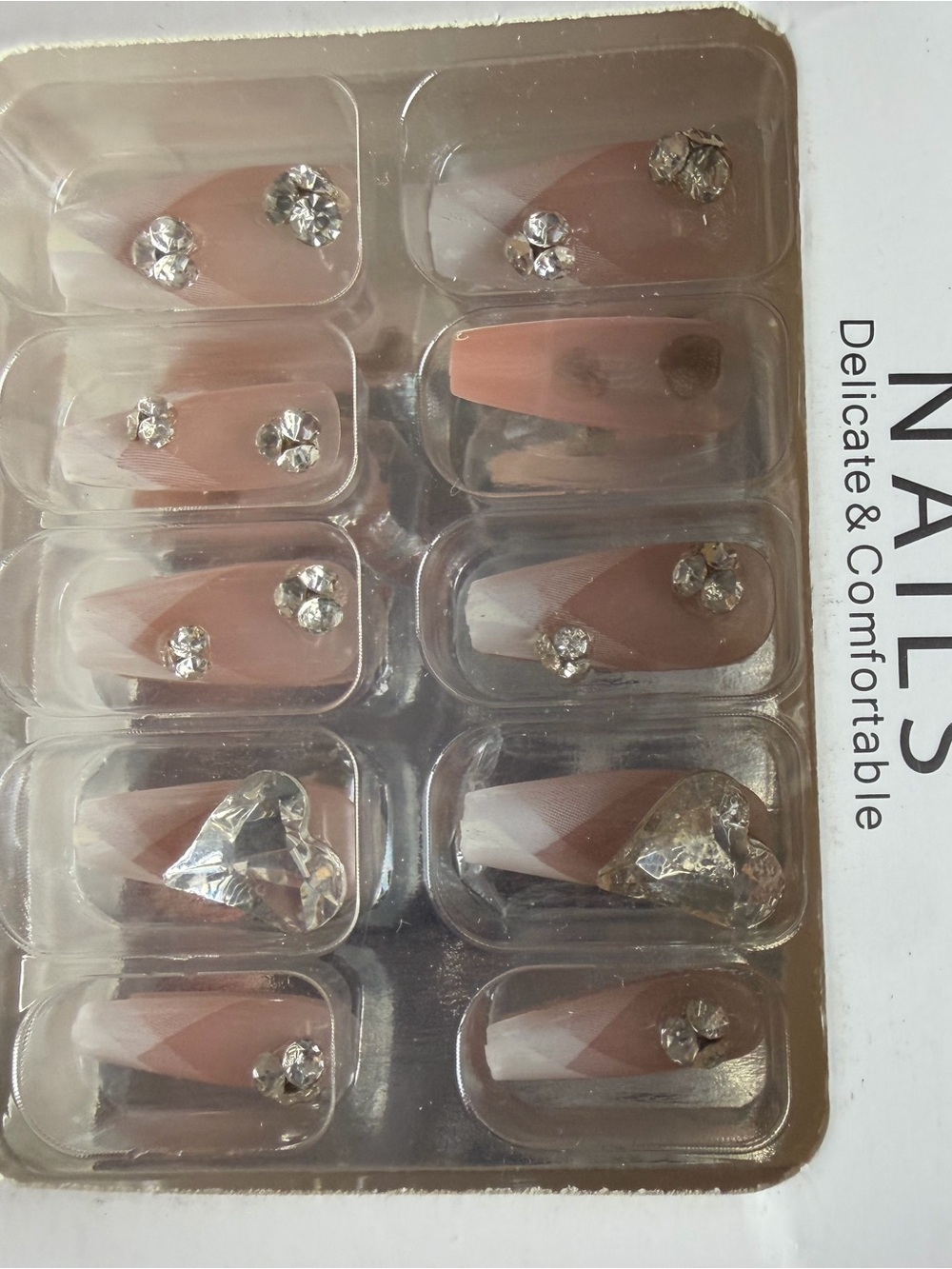 24PCS French Tip Press-On Nails with 3D Rhinestones & Heart Crystal Gems